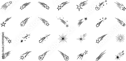 Black and White Line Art Icons of Shooting Stars and Comets, Celestial Objects Collection