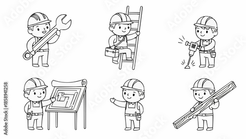 Cartoon Construction Worker Characters in Various Poses and Activities.