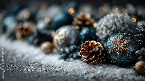 Festive holiday decorations featuring pinecones, ornaments, and glitter on snow.