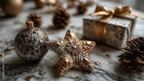 Festive holiday decorations featuring ornaments, a gift box, and pinecones on marble surface.