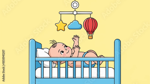 Baby in Crib Reaching for Mobile Toys.
