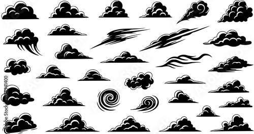 Black and White Vector Cloud Icons, Stormy Sky Weather Symbols, Abstract Cumulus and Nimbus Illustrations, Graphic Design Elements