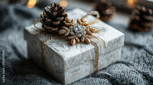 Decorative gift box with pinecones, jewelry, and festive embellishments on a textured fabric.
