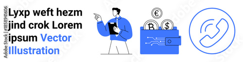 Business strategy, financial management, currency saving, customer service, communication tools, investment growth. Professional person with a clipboard, wallet with coins, call support icon