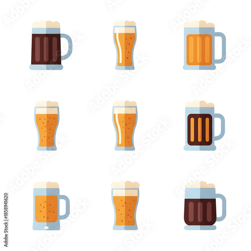 Collection of diverse beer icons in various glass types and mugs. Features golden and dark brews with frothy foam, a vector set for menus and pub designs