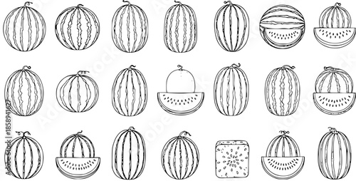 Food and Fruit Industry Black and White Line Art Hand-drawn Watermelon Sketch Collection. Doodle Watermelons, Slices, and Cube Icons for Summer Food Graphics.
