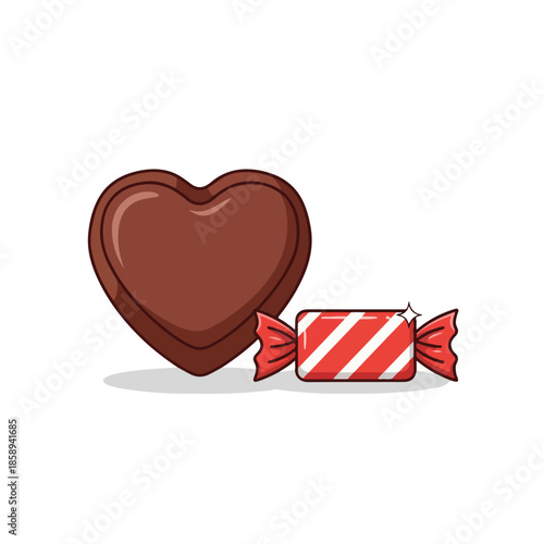 A heart shaped chocolate and a single wrapped candy