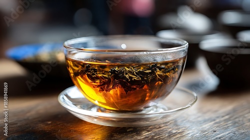 High quality image of glass cup of freshly brewed black tea with loose leaves on a wooden table.