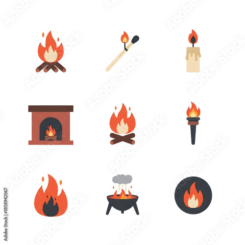 Vibrant collection of diverse fire and flame vector icons, depicting various sources of warmth, light, and ignition for graphic design projects and illustrations