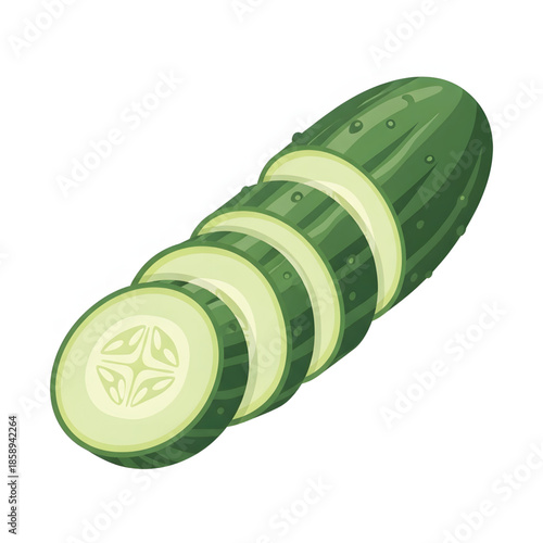 Vibrant and crisp illustration of a healthy green cucumber, freshly cut into uniform slices, ready for culinary delights, refreshing salads, and wholesome dishes, emphasizing its natural goodness.