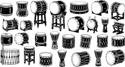 Black and White Line Art Illustration of Various Drums and Percussion Instruments