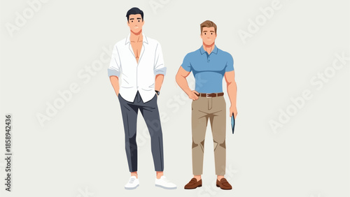 Two men standing in casual attire against a plain backdrop.