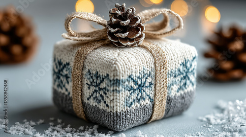 Cozy knitted gift box decorated with a pine cone and ribbon, holiday-themed setting.