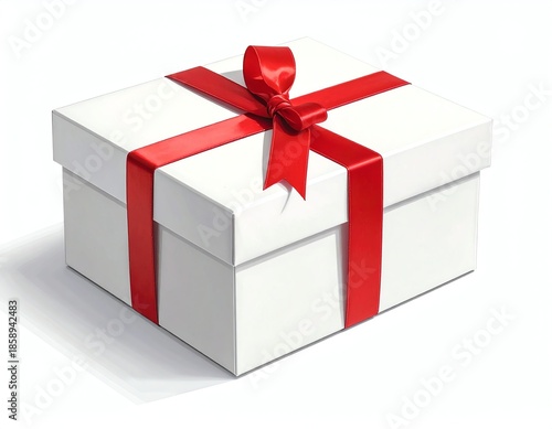 Elegant white gift box with red ribbon bow.