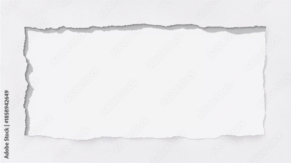 Fototapeta premium Blank white paper with torn edges creating a rectangular frame on a light background.