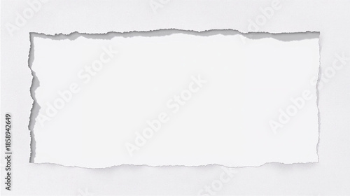 Blank white paper with torn edges creating a rectangular frame on a light background.