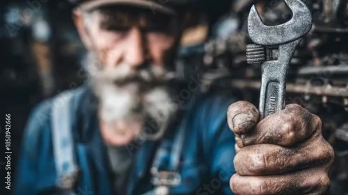 A close-up, dynamic shot focuses on a rugged, experienced hand firmly grasping a heavy-duty wrench, held prominently towards the viewer. In the soft-focused background, an individual with a distinctiv