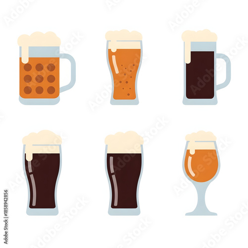 Collection of six diverse glasses of beer, showcasing different shades and foam