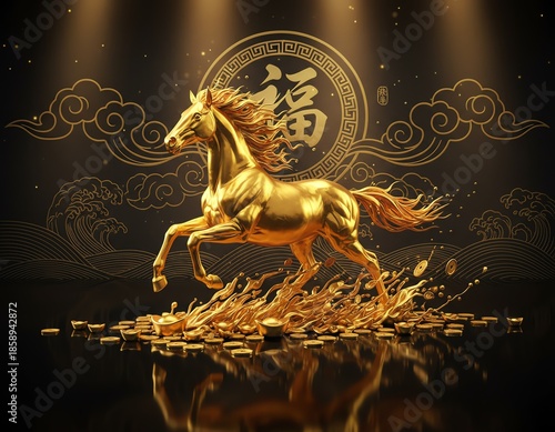 Golden horse galloping through coins on stage.