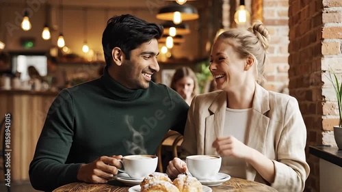 A happy and diverse young couple shares a joyful and authentic moment laughing heartily together over steaming coffee cups in a cozy, warmly lit cafe, enjoying a relaxed and cheerful conversation dur.