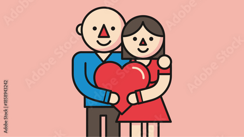 A couple embracing and holding a large red heart, symbolizing love and romance.
