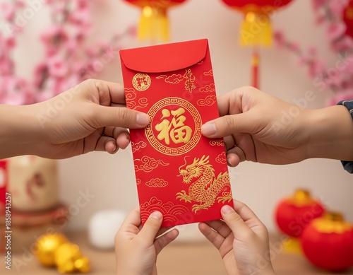 Hands exchanging a red envelope with blessings.