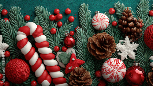 Festive holiday decorations with pine branches, baubles, pinecones, candy canes, and ornaments.
