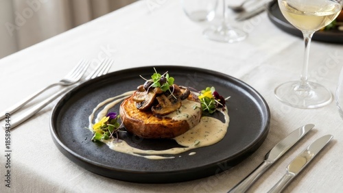 Wallpaper Mural Savory sweet potato delight topped with sauteed mushrooms and creamy sauce garnish elegant plating gourmet cuisine Torontodigital.ca