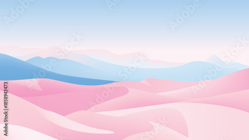 Minimalist badlands landscape with rolling pink dunes and layered blue mountains. A soft, dreamlike landscape under a serene, pale sky