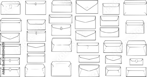 Business and Office Communication Envelopes - Vector Line Art Collection of Various Mail and Stationery Styles in Black and White Outline Graphics
