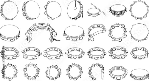 Tambourine Musical Instruments Vector Outline Line Art Collection. Black and white set of various hand percussion drums for music and rhythm illustrations.