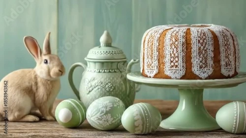 A charming spring-themed display features an adorable fluffy rabbit poised beside a beautifully decorated bundt cake, elegantly presented on a cake stand. Several intricately patterned light green orn