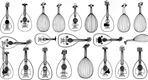 Music Industry Black  White Line Art: Hand-drawn Collection of Traditional Ouds and Lutes. Detailed Outline Illustrations of Various Stringed Musical Instruments for Artistic and Cultural Designs.