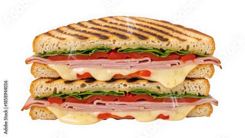 Delicious ham and cheese panini sandwich with melted cheese isolated on transparent background