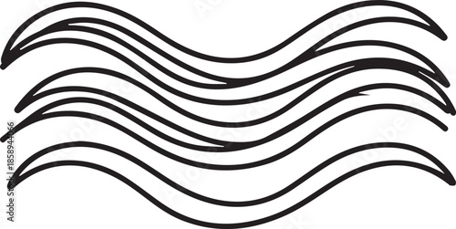 A minimalist black-and-white vector of stylized, flowing water lines. The rhythmic, parallel curves create a clean and modern representation of sea waves or gentle ripples.