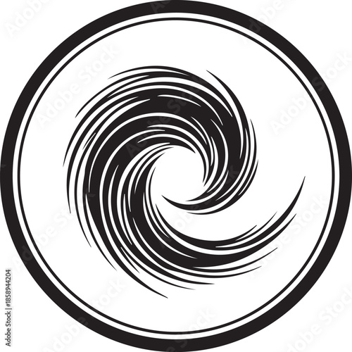 A dynamic black and white vector emblem featuring a stylized, spiraling ocean wave or whirlpool contained within a clean circular frame. Ideal for modern nautical branding and logos.