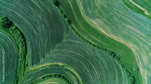 Elevated View of Vibrant Green Agricultural Fields With Intricate Patterns During Daylight Hours in a Rural Landscape