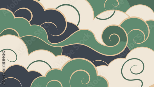 Elegant and calming cloud illustration with green and gold accents.