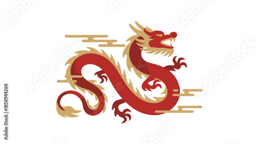 A majestic red dragon in the clouds.