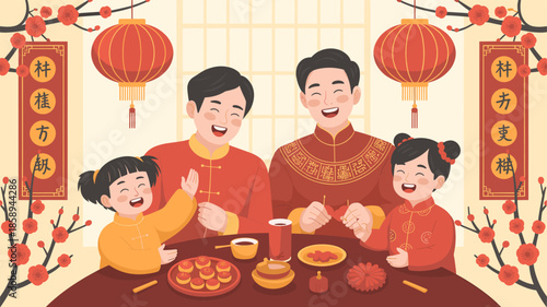 A family enjoys a traditional festive celebration, filled with joy and warmth.
