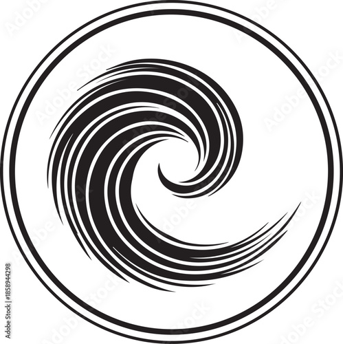 A sleek black silhouette vector of a breaking ocean wave positioned above a minimalist surfboard. The clean, bold graphic captures the essence of surf culture and coastal adventure.