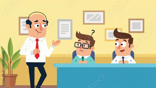 Manager explaining something to confused and happy employees in the office.