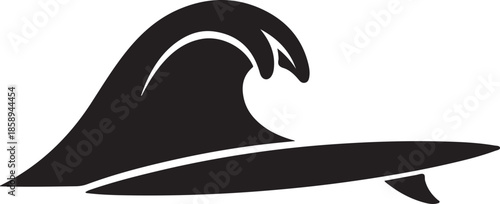 A bold black silhouette of a curling ocean wave rising behind a sleek surfboard. This minimalist vector graphic captures the core essence of surfing and coastal lifestyle.