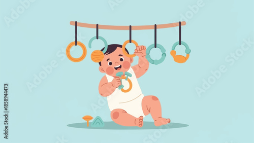 Baby playing with hanging toys, illustration of infant development.