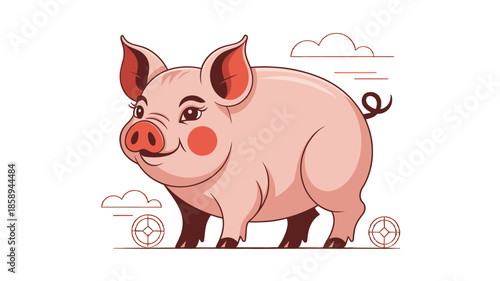 A charming illustration of a happy pig with a curled tail and friendly smile.