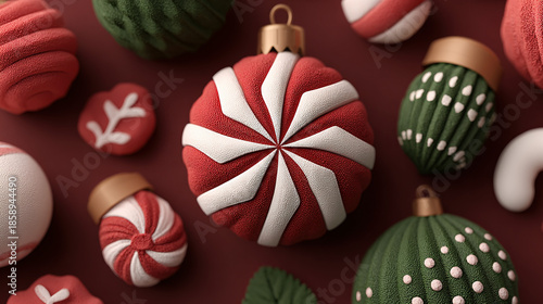 Festive Christmas ornaments with red, white, and green holiday-themed designs.