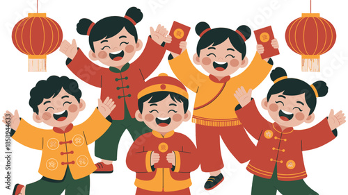 A group of children celebrate the Lunar New Year happily.