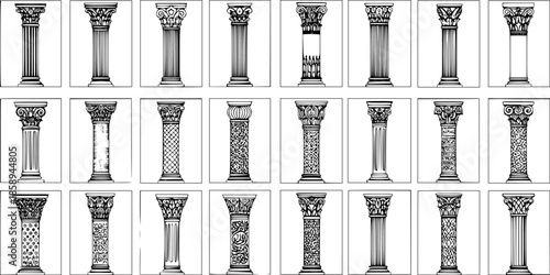 Black and White Line Art Illustration Set: Historical Architectural Columns, Pillars, and Classical Orders. Ideal for History, Education, Design, and Construction Concepts.