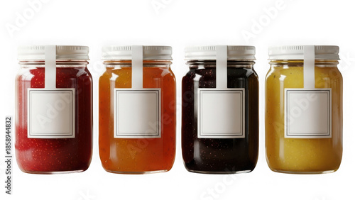 Four assorted jars of fruit jam with blank labels, isolated on transparent background