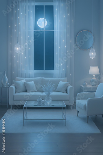 Serene blue moonlight living room with glowing moon view through window featuring comfortable white sofa glass coffee table and magical string lights hanging behind sheer curtains